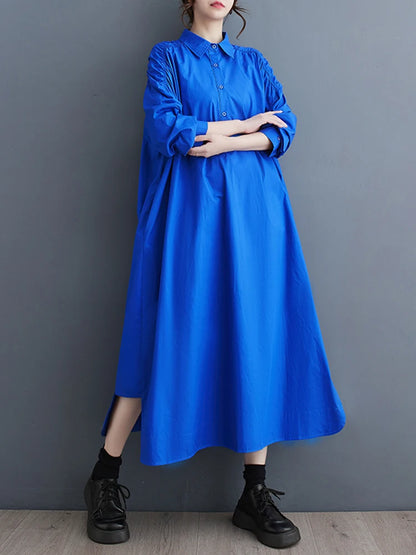 XITAO Casual Shirt Dress Hollow Out Folds Long Sleeve Dress Loose Fashion Simplicity Solid Color Turn-down Collar Women ZY8653