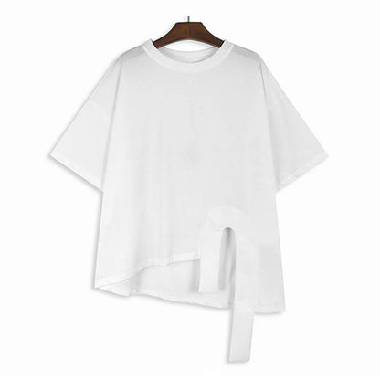 XITAO Loose Asymmetric Ribbon T-shirts Personality Irregular Hem Women Summer New Casual Trend Short Sleeve Top WLD20204