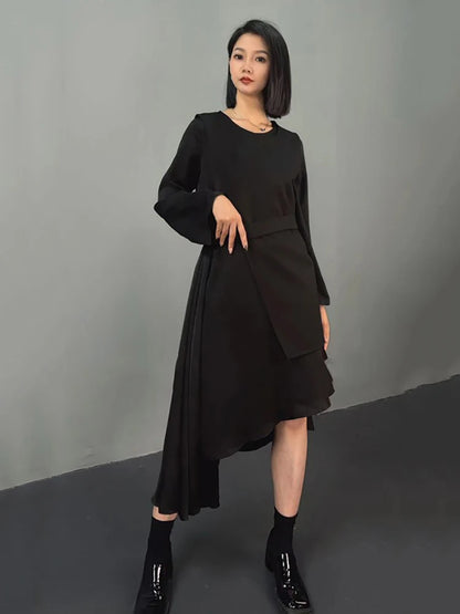 XITAO Contrast Color Patchwork Asymmetrical Dresses O-neck Long Sleeve Pullover Fashion Temperament New 2024 Autumn HJF86619