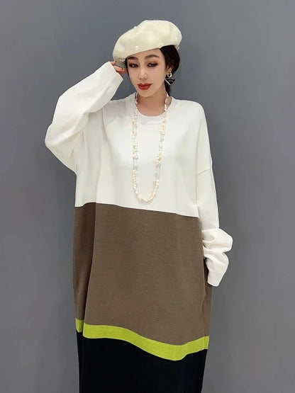 XITAO Patchwork Dress Fashion Women Pullover Full Sleeve Pleated Goddess Fan Casual Style Loose 2024 Spring Dress SMH1150