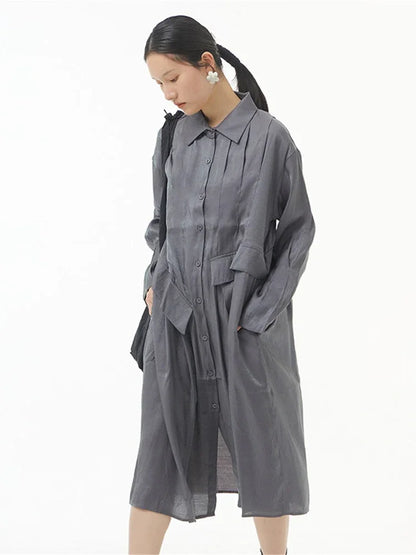 XITAO Pleated Shirt Dress Fashion Solid Color Single Breast Goddess Fan Pocket Spring Summer Minority Loose Thin Dress ZY7484