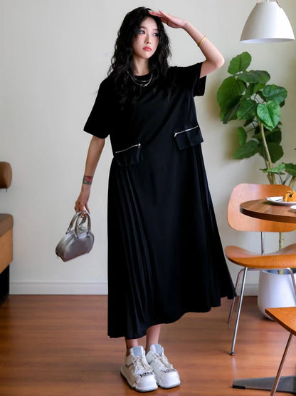 XITAO Spliced Pleated Dress Solid Color Loose Fashion Female New Pullover Short Sleeve O-neck Casual Summer Dress GJ1012