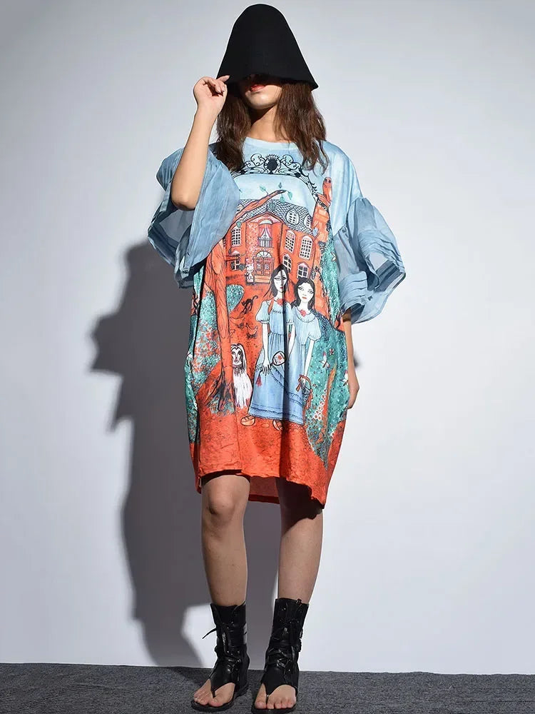 XITAO Autumn Fashion New O-neck Full Sleeve Loose Dress Female Half Sleeve Ruffles Cartoon Above Knee Dress KZH432