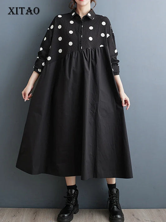 XITAO Full Sleeve Loose Dress Casual Fashion Print Dot Patchwork Vintage Turn Down Collar Women New Dress DMJ2749