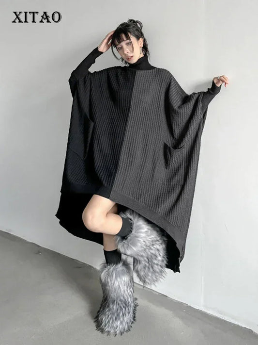 XITAO Batwing Sleeve Knitting Dress Turtleneck Asymmetrical Contrast Color Splicing Loose Sweater Dress 2024 Winter New DMJ3168