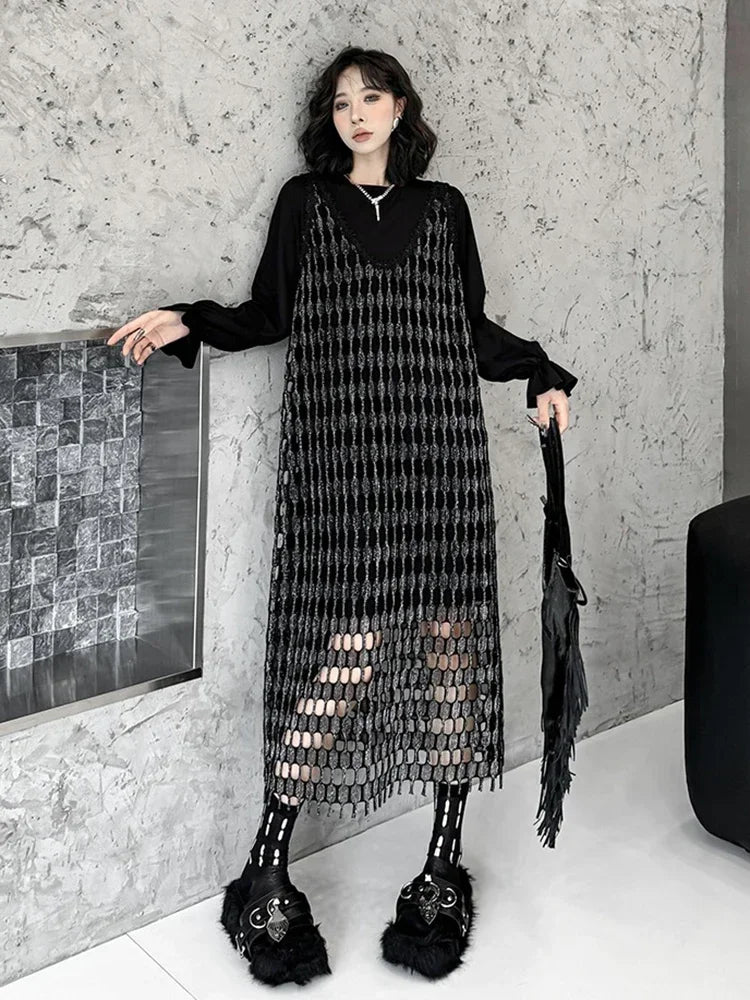 XITAO Gauze Hollow Out Patchwork Two Dresses Solid Color O-neck Long Sleeve Inside Sleeveless Vest Dress 2024 Autumn New HQQ2406