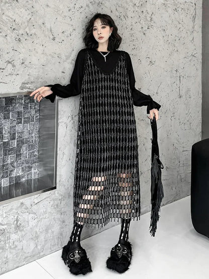 XITAO Gauze Hollow Out Patchwork Two Dresses Solid Color O-neck Long Sleeve Inside Sleeveless Vest Dress 2024 Autumn New HQQ2406