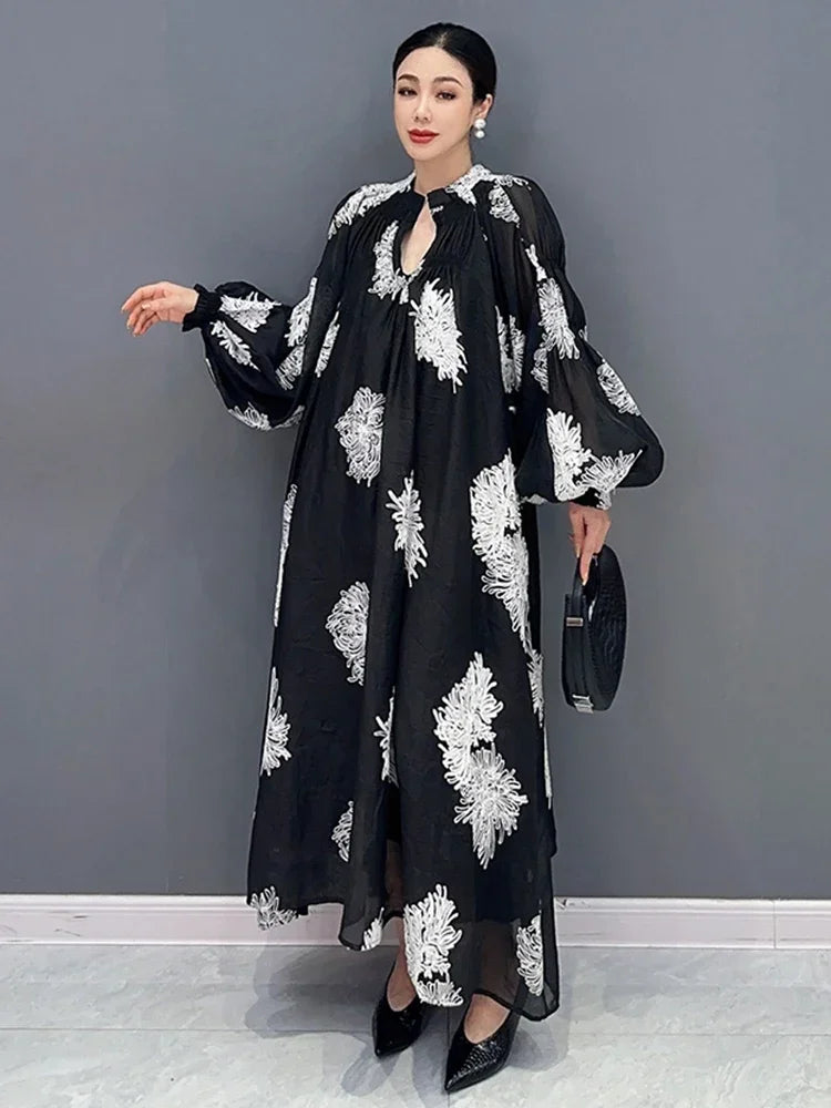 XITAO Loose Print Dress Fashion Temperament Elegant Goddess Fan Women Autumn New Arrival V-neck Appear Thin Dress HQQ1452