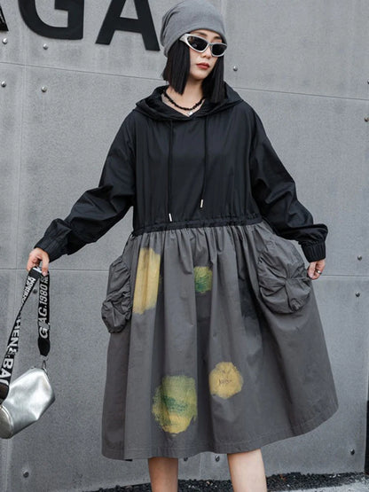 XITAO Loose Fashion Patchwork Female Dress Pullover Hooded Casual Pocket Fold Drawstring Waist Women Mid-calf Dress GYX1083