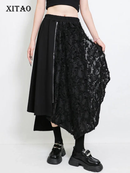 XITAO Irregular Zipper Patchwork Lace Elastic Waist Skirt Casual Loose Fitting A-line Mid-calf Solid Color Women Skirt GMM1224