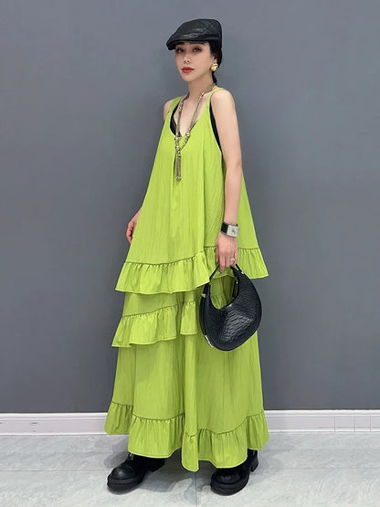 XITAO Camisole Dress Solid Color Irregular Ruffles Splicing Hem 2024 Summer New Solid Color Women Loose Casual Dress HQQ2318