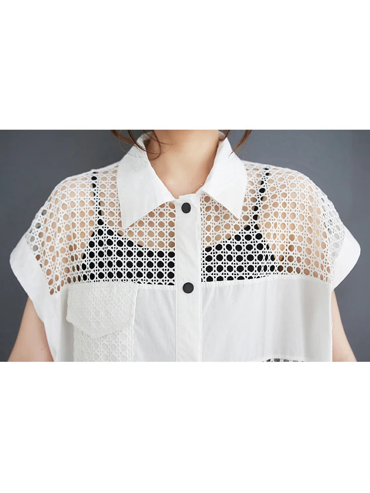 XITAO Mesh Hollowing Shirt Dress Loose Fashion Loose Turn-down Collar Single Breasted Dress 2024 Summer New Women HQQ2336