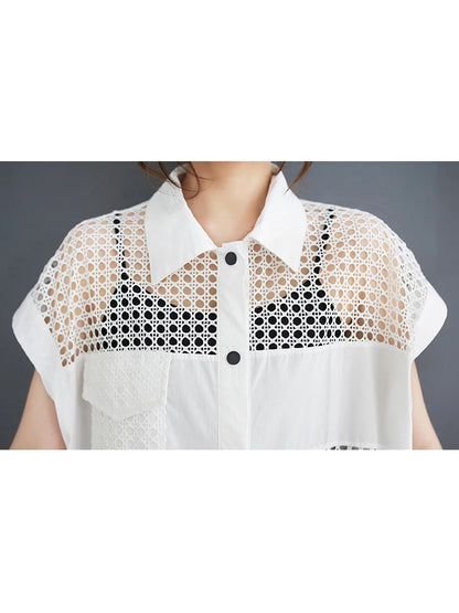 XITAO Mesh Hollowing Shirt Dress Loose Fashion Loose Turn-down Collar Single Breasted Dress 2024 Summer New Women HQQ2336