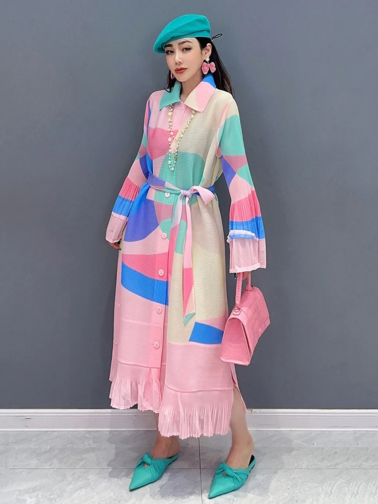 XITAO Print Dress Flounced Edge Flare Sleeve Turn-down Collar Contrast Color Spring Fashion Women New Shirt Dress LYD1583