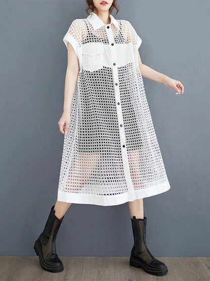 XITAO Mesh Hollowing Shirt Dress Loose Fashion Loose Turn-down Collar Single Breasted Dress 2024 Summer New Women HQQ2336