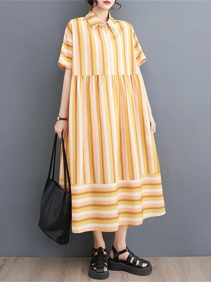 XITAO Striped Dress Fashion Women New Pullover Goddess Fan Casual Style 2024 Summer Minority Loose Elegant Dress WLD11315