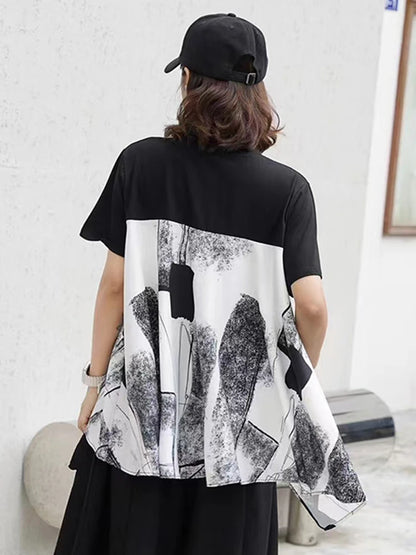 XITAO Loose Asymmetric Print Female T-shirts Casual All-match Trend Patchwork Women Summer New Simplicity O-neck Top GJ1020