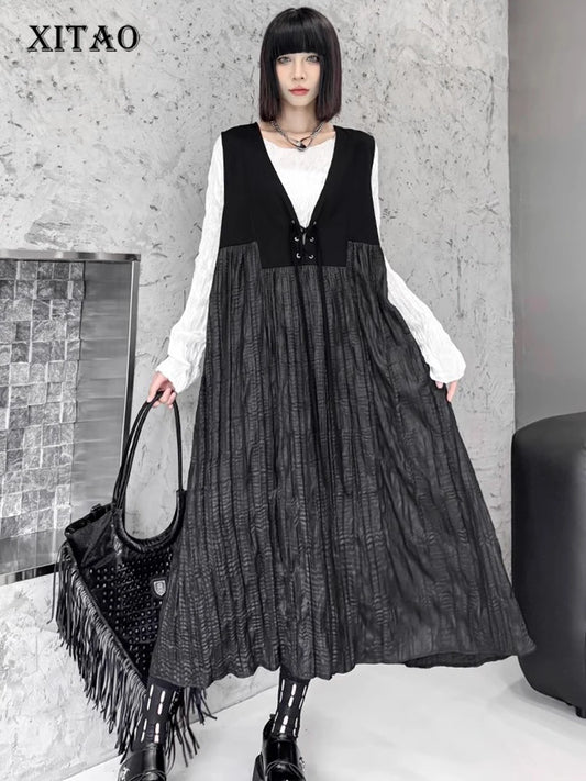 XITAO Solid Color Casual V-neck Sleeveless Dress New Fashion Autumn Patchwork Loose Fitting Female Mid Calf Dress GMM1070