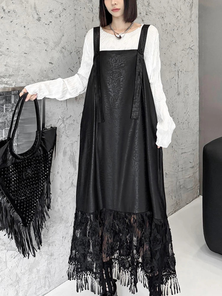 XITAO Lace Tassels Spaghetti Strap Dresses Solid Color Patchwork Square Collar Pullover Loose Fashion Dresses 2024 Autumn LJ1019