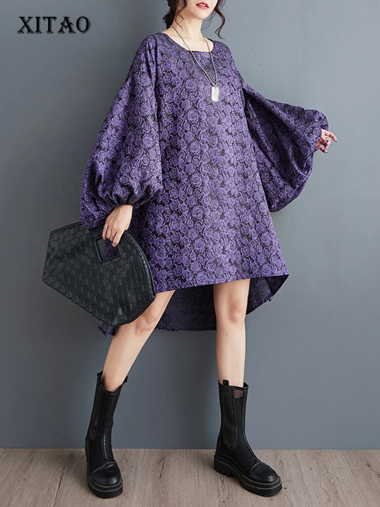 XITAO Vintage Asymmetric O-neck Dress Loose Casual Lantern Sleeve Women Autumn New Trend Irregular Floret Dress 2024 HQQ2399