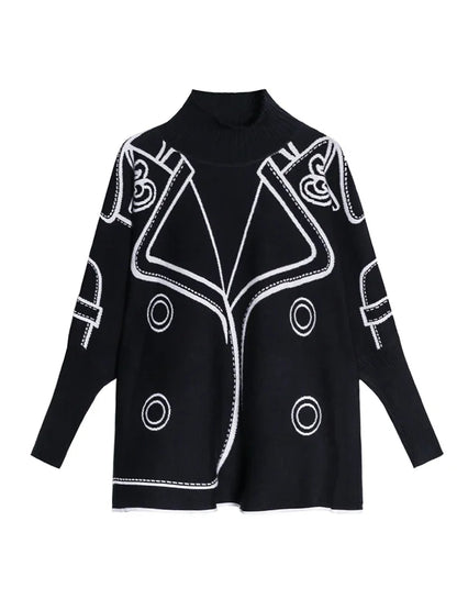 XITAO Knitted Sweater Goddess Fan White Black Splicing Autumn Geometrical Pattern Print Sweater WMD4018