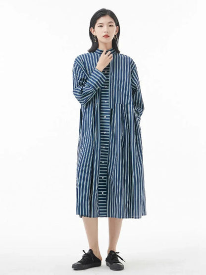 XITAO Striped Dress Fashion Single Breast Full Sleeve Elegant Patchwork Small Fresh Casual Style Loose 2024 Dress WMD4844