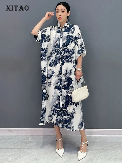 XITAO Loose Print Shirt Dress Fashion Contrast Color Women Summer New Casual Elegant Single Breasted Temperament Dress ZY8767