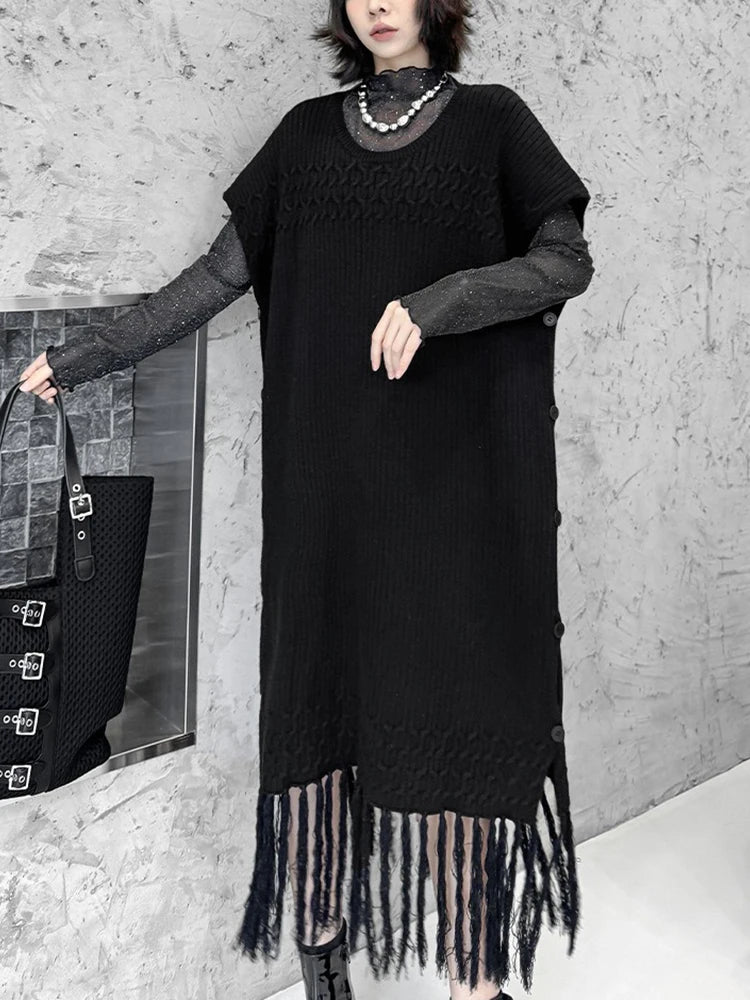 XITAO Tassel O-neck Half Sleeve A-line Dress Casual Mid-calf Pullover Hong Kong Knitting Solid Color Autumn Female Dress GYX1702