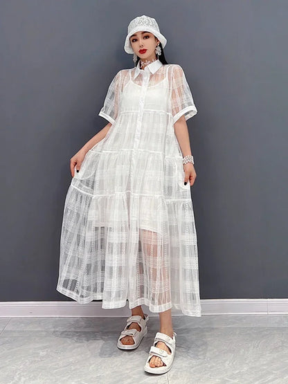 XITAO Solid Pleated Dress Women Korea 2024 Summer New Personality Fashion Loose Turn-down Collar Short Sleeve Dress  WLD7063