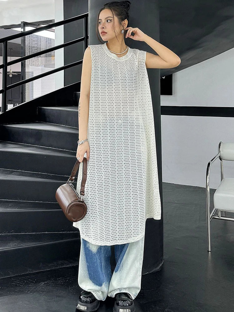 XITAO Hollow Out Sleeveless Solid Color Dress O-neck Loose Casual All-match Pullover Simplicity Women New Line Dress DMJ4117