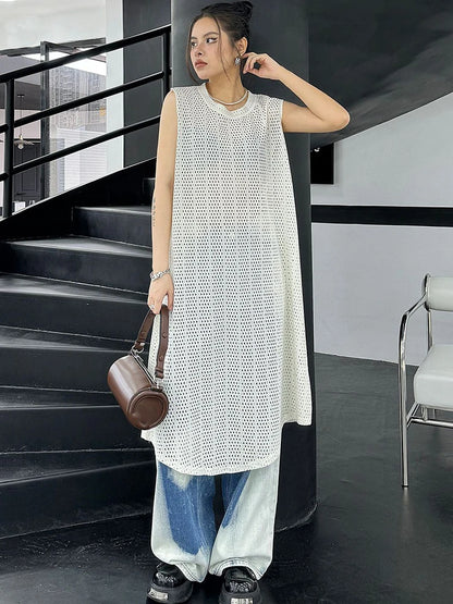 XITAO Hollow Out Sleeveless Solid Color Dress O-neck Loose Casual All-match Pullover Simplicity Women New Line Dress DMJ4117