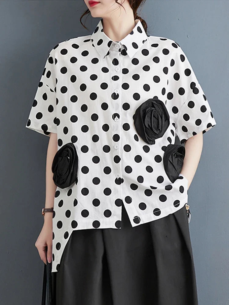 XITAO Polka Dot Single Breasted Shirt Korea Summer New Personality Fashion Loose Turn-down Collar Short Sleeve Shirt WLD16641