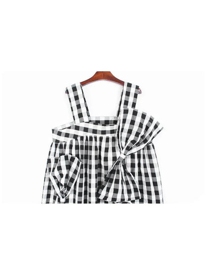 XITAO Strapless Dress Fashion Bow Small Fresh Pullover Goddess Fan Plaid Goddess Fan Casual Style Summer Loose Dress WLD7014