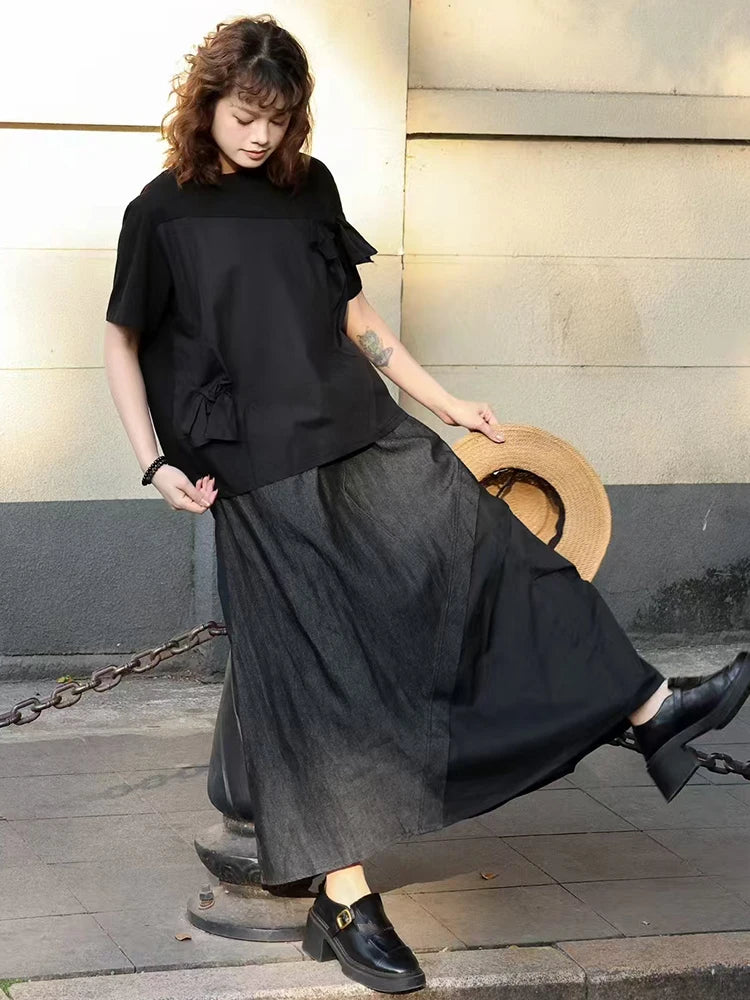 XITAO Loose Patchwork Simple Skirt Fashion Contrast Color Women Casual All-match Elastic Waist Temperament Skirt GJ1137