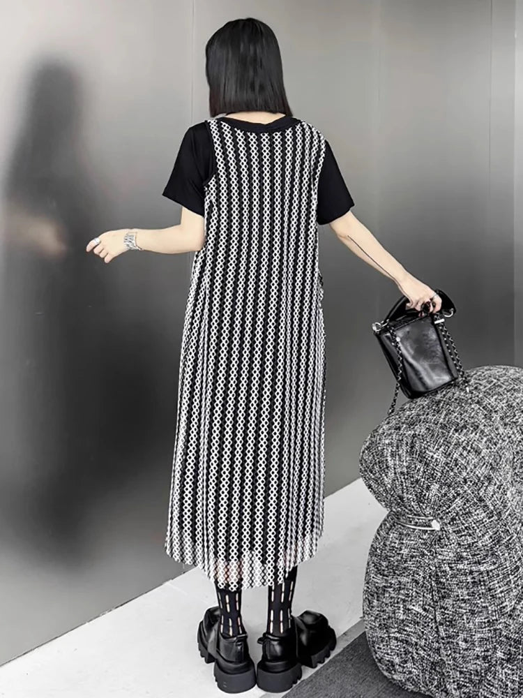 XITAO Grid Patchwork O-neck Pullover Dresses Short Sleeve Loose Contrast Color Mid-calf Fashion Dresses 2024 Summer New DMJ4082