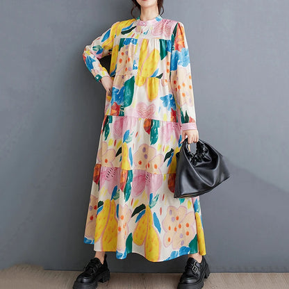 XITAO Full Sleeve Print Stand Collar A-line Dress Slimming Fashion Loose Casual All-match Autumn 2024 Women New Dress HQQ2385