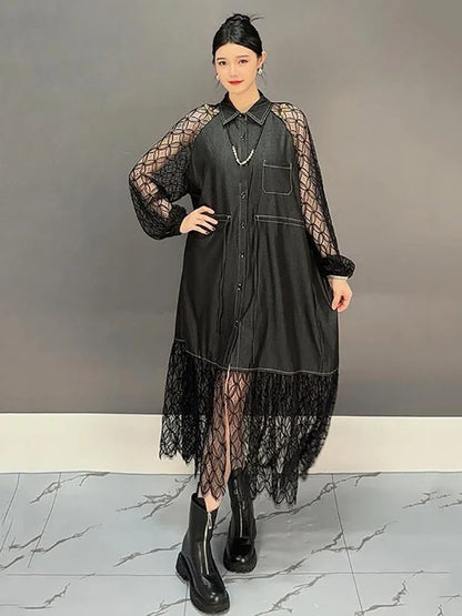 XITAO Lace Patchwork Shirring Single Breasted Dresses Solid Color Turn-down Collar Long Sleeve Fashion Dress 2025 Spring GMM1189