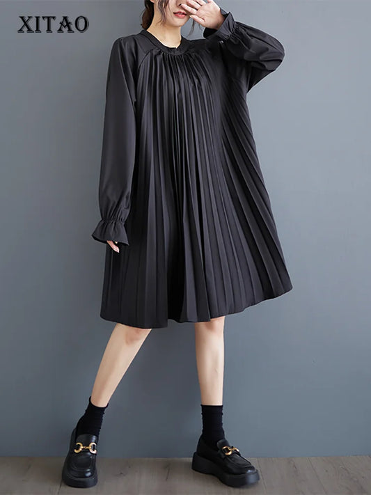 XITAO Casual A-line Solid Color O-neck Knee-length Full Sleeve Dress Vintage Patchwork Fashion Autumn Women Dress GMM1134