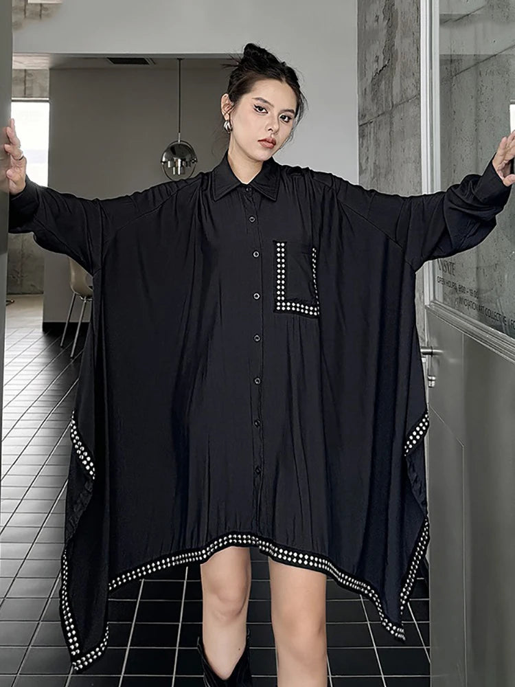 XITAO Asymmetrical Rivet Single Breasted Shirt Dresses Turn-down Collar Batwing Sleeve Loose Fashion Dress 2024 Autumn LJ1017