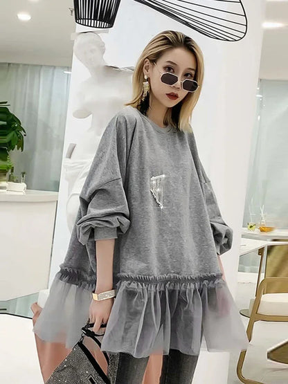 XITAO Tide Patchwork Mesh Pleated Sweatshirt Diamonds Women Clothes Elegant Fashion Pullover Top Autumn Korean  WQR1548