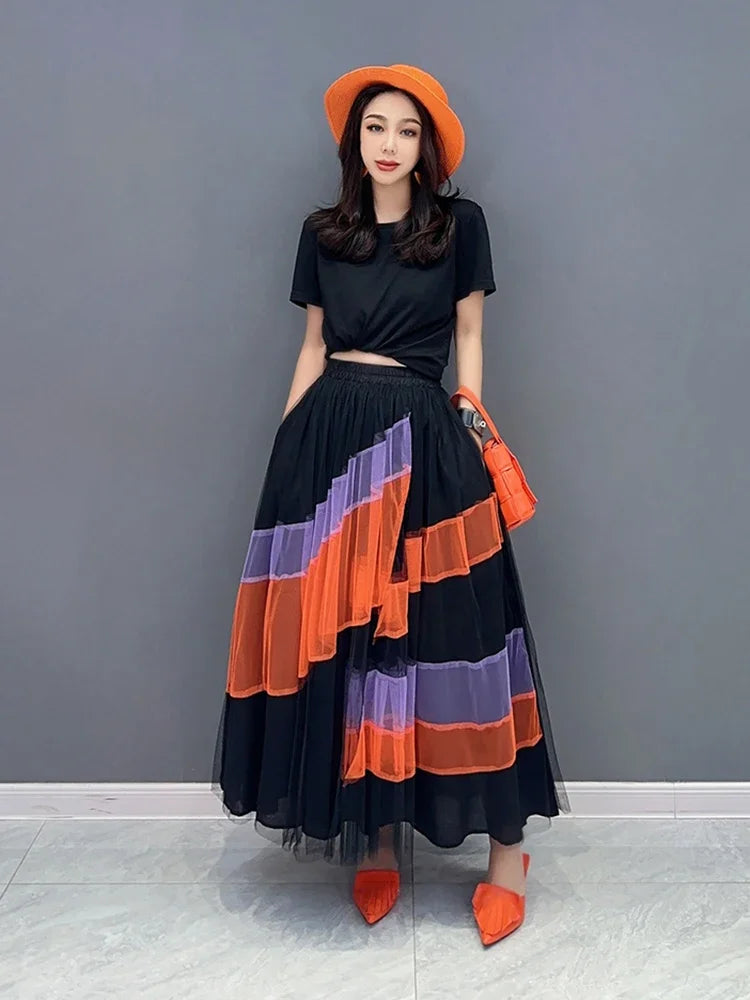 XITAO Mesh Skirt Fashion Irregular Contrast Color Patchwork Skirt Female Spring New All-match Street Trendy Women HQQ1386