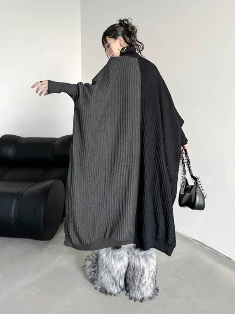 XITAO Batwing Sleeve Knitting Dress Turtleneck Asymmetrical Contrast Color Splicing Loose Sweater Dress 2024 Winter New DMJ3168