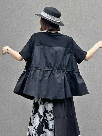 XITAO Black Asymmetrical Casual T-shirt Drawstring Splicing Loose Fashion Trendy Street Women Top Summer New ZY8816