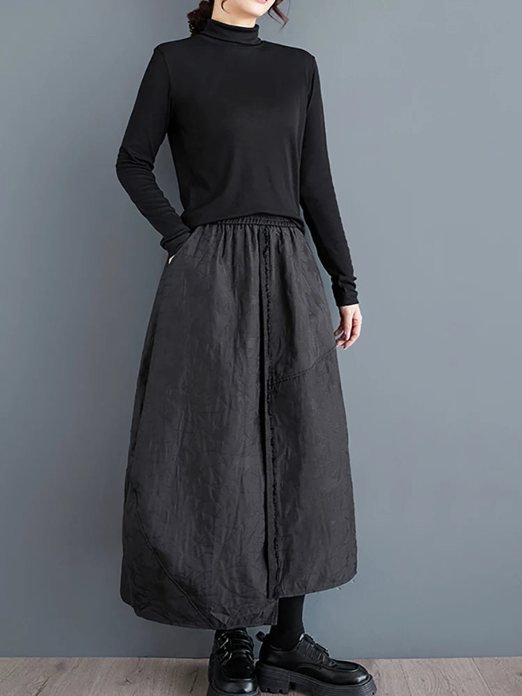 XITAO Casual Solid Color Asymmetric Loose Fitting Skirt New Elastic Waist Patchwork Fashion Irregular Autumn Women Skirt GMM1079