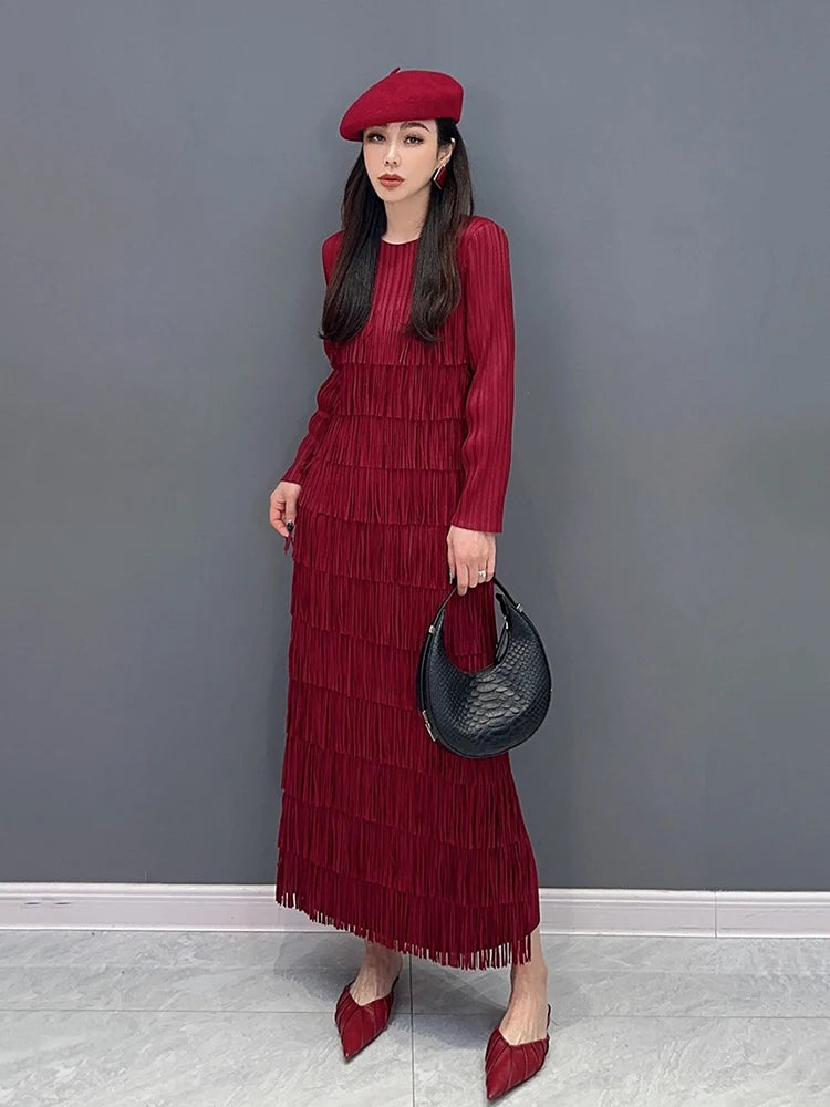 XITAO Elegant Tassel Female Dress Solid Color Casual O-Collar Full Sleeve Temperament Loose Spring Fashion Women Dress LYD1608