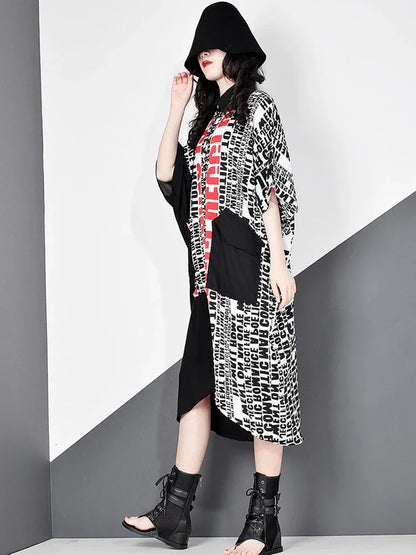 XITAO Tide Letter Print Casual Dress Hit Color Women Clothes 2024 Summer New Turn Down Collar Elegant Dress DMY5036