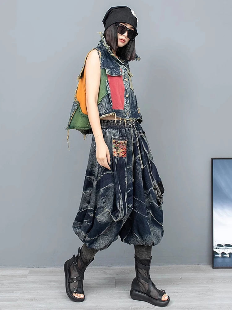 XITAO Denim Pants Sets Personality Fashion Irregular Contrast Color Patchwork Vest Calf-length Pants Two Pieces Sets LYD1878