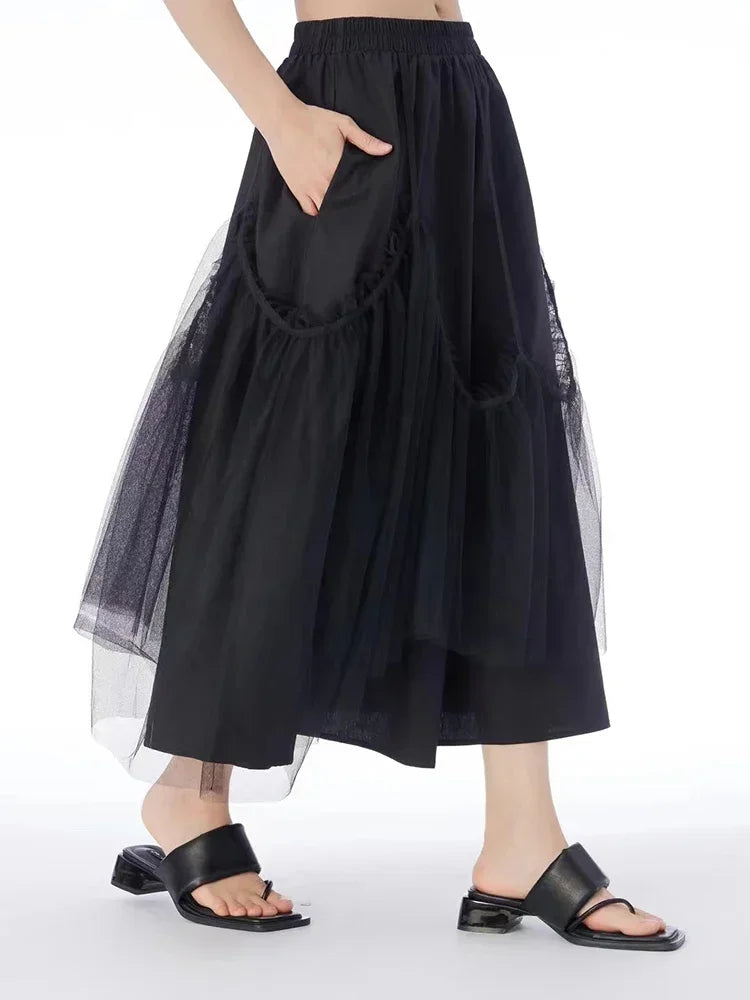 XITAO Mesh Black Skirt High Waist Solid Color Patchwork Minority Loose Elegant 2024 Summer Loose Casual Style Skirt WLD11307