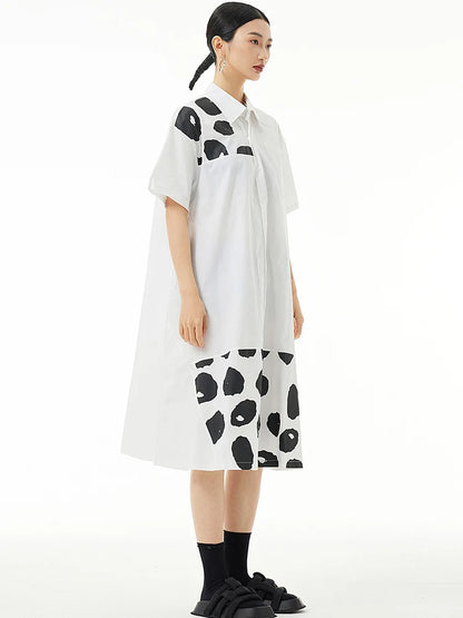 XITAO Contrast Color Print Short Sleeve A-line Dress Turn Down Collar Single Breasted Simplicity Loose Summer Dress LYD1874