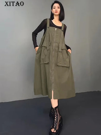 XITAO Solid Color Spaghetti Strap Female Dress Loose 2024 Autumn Square Collar Casual Women Mid-calf Sleeveless Dress HQQ2400